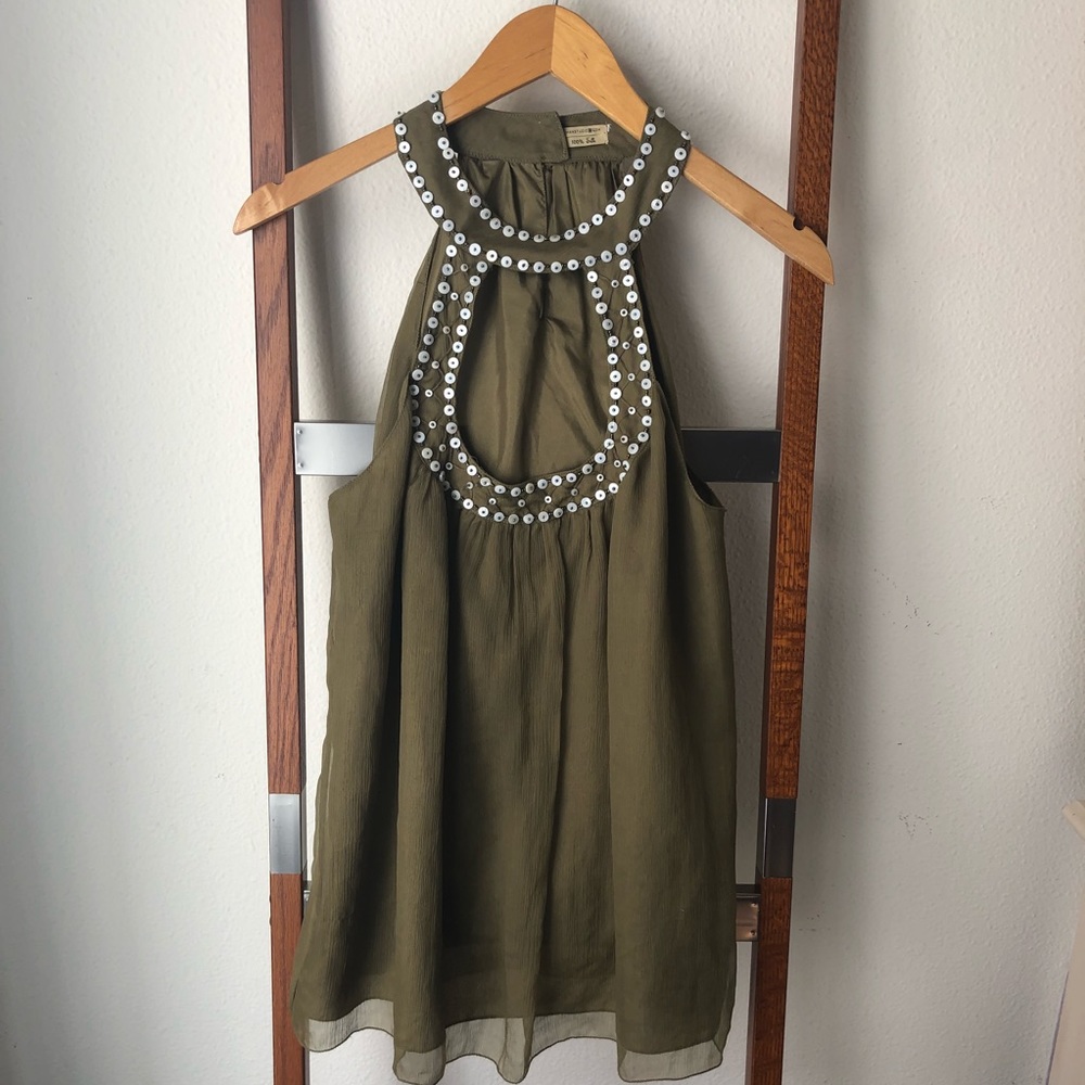 Max Studio 100% Silk Halter Light Olive Top (g16)